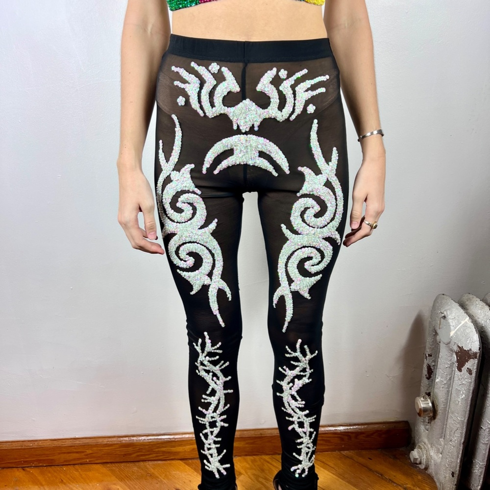 Discount Universe Tribal Skeleton Sequin Pants Sheer NWOT - Picture 8 of 9